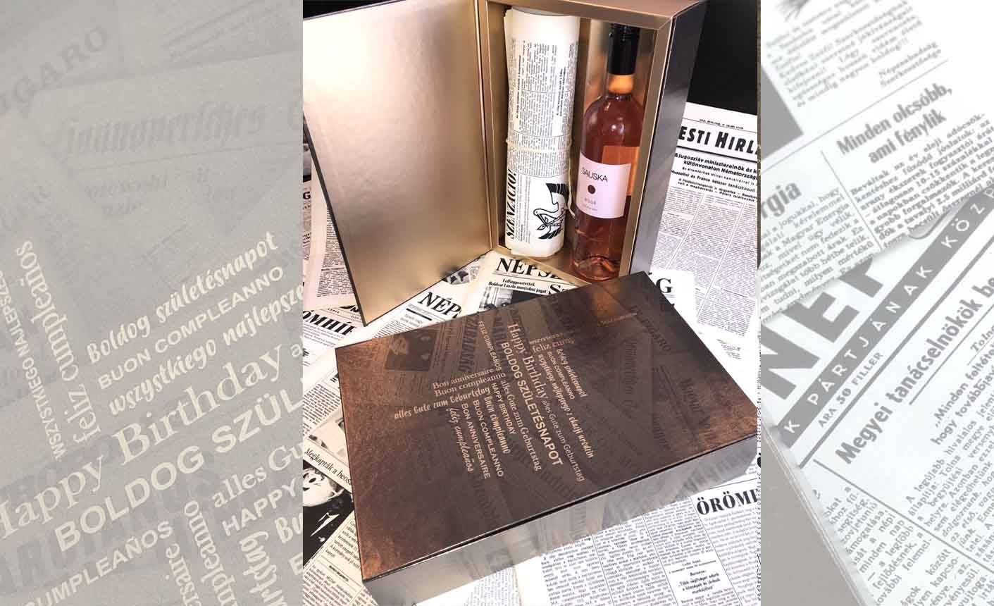 Születésnapi újság aranyozott díszdobozban ajándék üveg BORRAL 5